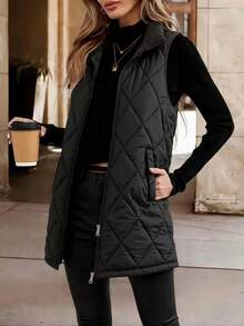 Women's Sleeveless Mid-Length Diamond Pattern Blazer - H-Line Cut, Featuring Stand Collar And Front Zipper Design, With Pockets Black - Black - View 4