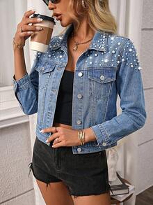 Women's Retro Cotton Studded Denim Jacket Casual - Light Wash - View 4