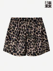 mulinsen Celana Pendek Olahraga Lari Wanita Seksi Motif Leopard, Panjang 3/4, Desain Tali Serut, Celana Pendek Olahraga Musim Panas yang Bernapas - Coklat - View 8