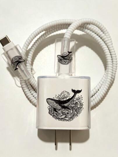 Conjunto de 4 Peças Capa Protetora de TPU Compatível com Carregador 18W/20W, Protetor de Cabo de Carregamento Anti-Queda Anti-Arranhão Preto Onda Baleia, Organizador de Cabo Anti-Emaranhamento Anti-Quebra Acessórios de Telefone, Presente Ideal para Amigos e Família