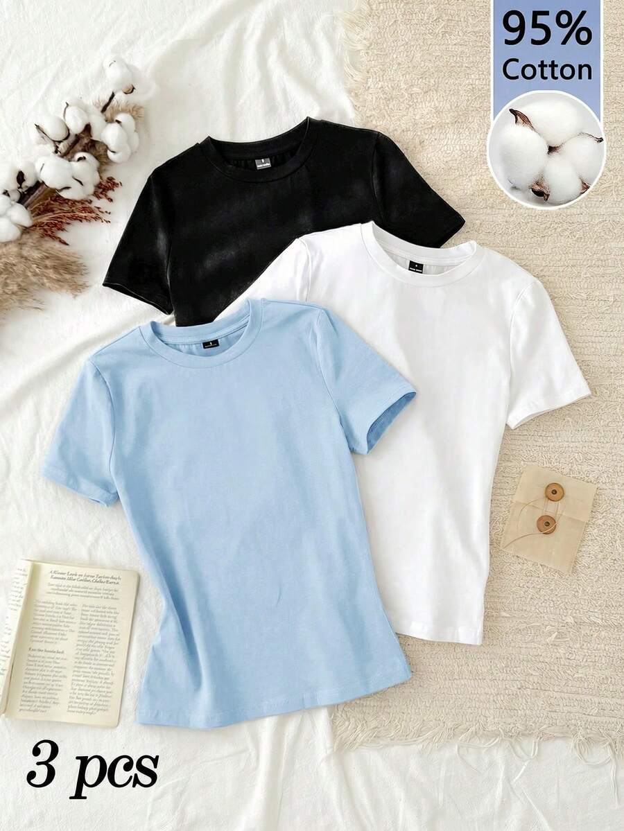 Set Of 3 Slim-Fit Long-Sleeved T-Shirts With Round Neck, 95% Cotton, Minimalist And Casual Style For Women - 多色 14 - 查看 1