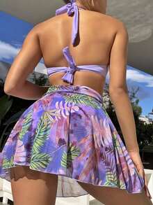 Women's Solid Color Hard Cup Halter Neck Bikini 3-Piece Set With Mesh Printed Skirt - Purple - View 2