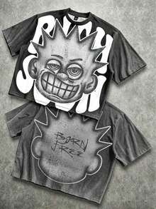 Manfinity Roghcode Men's Oversized Distressed Funny Diamond Teeth Tattoo Big Face Allover Print Cropped Loose T-Shirt (High Quality) - 水洗黑色2 - 查看 11