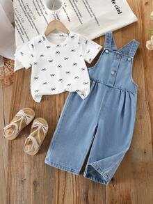 2pcs/Set Baby Girl Denim Outfit, Bowknot All-Over Print Striped T-Shirt With Soft Cute Washed Blue Straight Leg Overalls, Casual Wear, Adorable, Energetic, Versatile And Comfortable - Multicolor - View 2