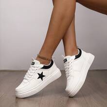 Unisex Star Pattern White Casual Sneakers, Breathable Thick Sole Flat Shoes, Ultra-Lightweight Casual Shoes, Versatile Daily Footwear - Black - View 3