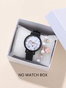 2pcs/Set Fashion Minimalist Cat Digital Face Quartz Silicone Strap Student Watch + Bracelet - Black - View 1
