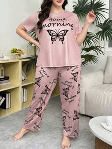 Plus Size Casual Comfortable Butterfly Print Short Sleeve Long Pants Women's Loungewear 2 Pieces Pajama Set - Pink - View 5