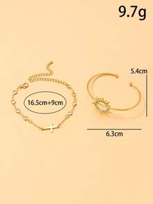 2 pièces/set Ensemble de bracelets empilables pour femmes, bracelet soleil et bracelet croix en strass, convient pour le port quotidien, le bureau, les vacances et les cadeaux - Strass - Voir 5