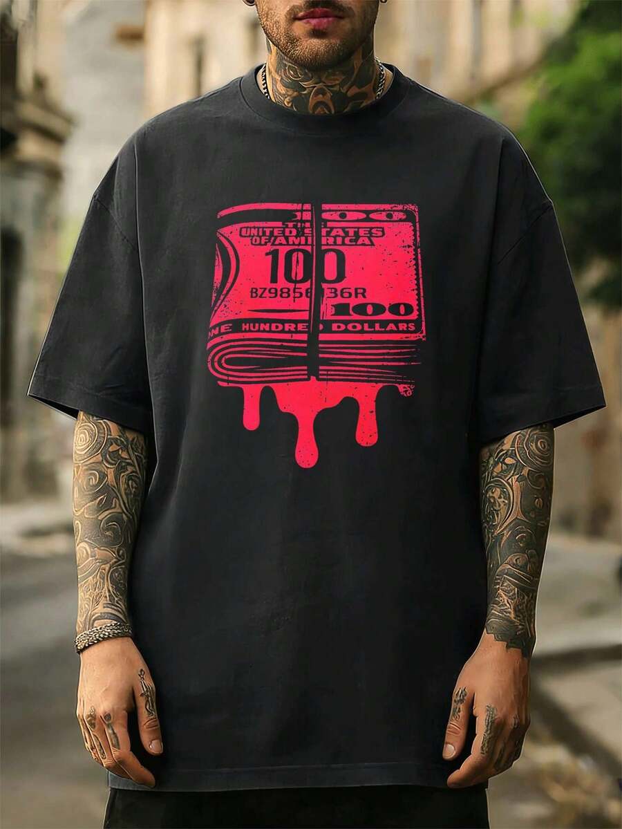 Oversized T-Shirt With Streetwear Motif And Gelddruck, Hochwertiger Stoff, Street Hip-Hop, Bequem, Strapazierf?Hig, Auff?Lliger Print - White - View 1