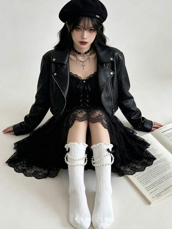 One Pair One Size Ruffled Pearl Cuff Mid-Calf Socks With Bowknots, Cute Y2K Gothic Lolita Ruffle Trim Socks For Women, Black & White
