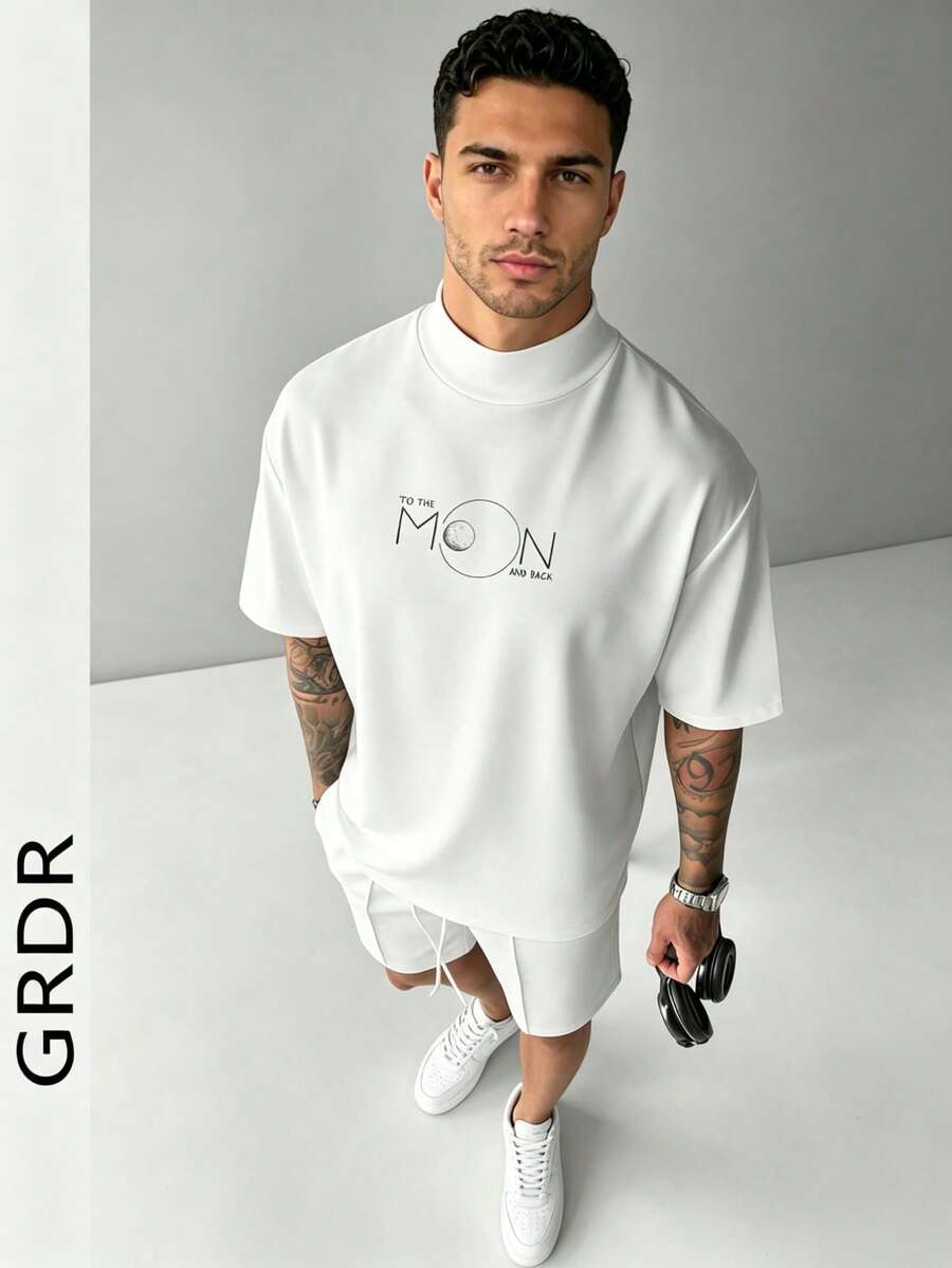 GRDR 男士时尚字母标语和月亮图案印花 Polo 领短袖 T 恤,适合夏季穿着 - 白色 - 查看 1