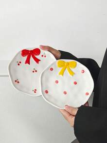 1/2/4pcs Embossed Cute Bow Ceramic Plates, Korean Style Minimalist Ceramic Plates, Afternoon Tea Dessert Plates, Coffee Cup Trays, Breakfast Plates, Casual Snack Plates, Cake Plates, Candy Plates, Gift Tableware, Plates, Suitable For Various Scenes Office, Restaurant - Multicolor - View 11