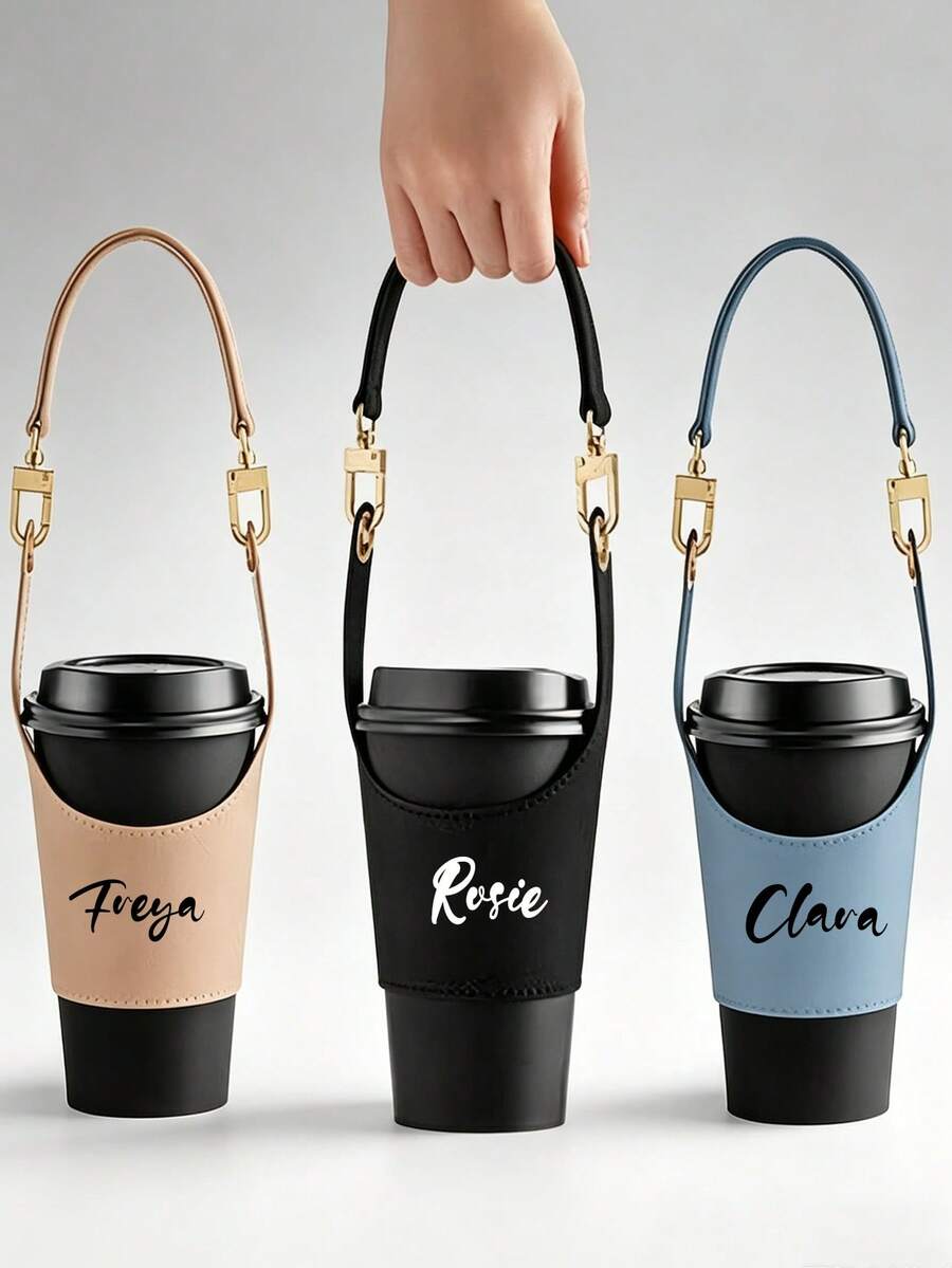 Customizable Text Leather Cup Sleeve, Made Of High-Quality Faux Leather Material, Features Adjustable Elastic Design, Fits Various Sizes Of Milk Tea Cups, Coffee Cups And Insulated Cups - Multicolor - View 1