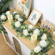 1/2/4pcs Artificial Peony Vine For Home Decor, Christmas Table Garland, Indoor Decorative Flowers, Artificial Eucalyptus Wreath With White Roses, Faux Rose Green Leaf Vine, Suitable For Weddings, Home Gatherings, Tablecloth Decoration And More - White and green - View 10