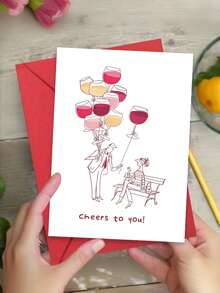 1pc Congratulations Card "Cheers To You!" With Envelope – Funny Wine Glass & Balloon Design – Blank Inside For Birthday, Success & Celebrations - A - View 1