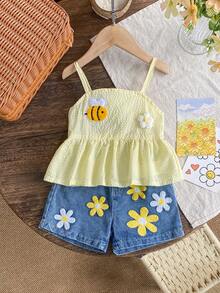 2pcs/Set Young Girl' Cute Minimalist 3D Flower & Bee Decor Camisole And Denim Shorts Set, Summer - Yellow - View 2