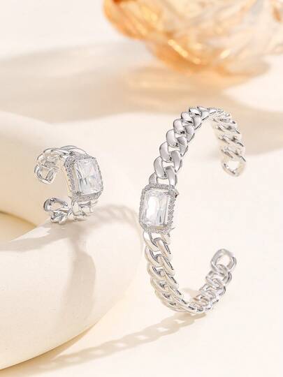 2pcs Cubic Zirconia Square Bracelet & Ring Jewelry Set, Suitable For Women's Daily Wear And Party Occasions