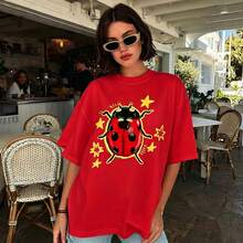 100% Cotton Unisex Tee, Star & Ladybug Print, Vintage Style, Premium Fabric, Summer Graphic Top, Ideal For Daily Wear & Holiday Gifts - 紅色 - 查看 1