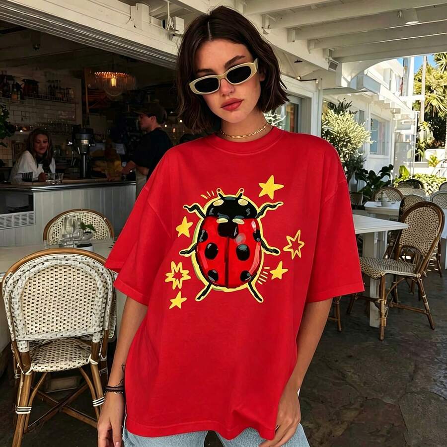 100% Cotton Unisex Tee, Star & Ladybug Print, Vintage Style, Premium Fabric, Summer Graphic Top, Ideal For Daily Wear & Holiday Gifts - 紅色 - 查看 1