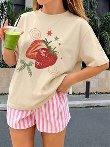 1pc Girls' Summer Sweet Style Strawberry Print T-Shirt, Fresh Plaid Bow & Star Pattern Top, Loose Comfortable Breathable Casual Everyday Versatile Outfit For Energetic Girls, Random 3 Piece, Send 1 Piece - Apricot - View 3