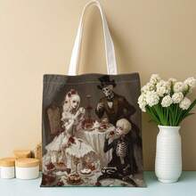 1pc Gothic Victorian Skull Tea Party Tote Bag For Women - Featuring Tassel Trim, Adjustable Wrist Strap And Shoulder Strap Design, Spacious Reusable Shopping Bag, Durable Handbag Washable - Multicolor - View 7