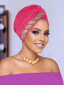 1PC Women's Rhinestone Leaf-Decorated Headscarf Cap, Stretchy African-Style Headscarf, Soft And Breathable, Suitable For Everyday Wear And Parties. - A - View 6