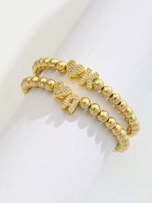 1pc Zirconia Decorated Heart & A-Z Initial Decorated Elastic Bead Bracelet, Girls Birthday Gift, Daily Versatile Jewelry - Gold - View 2