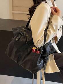 Tas Selempang Kulit Sintetis Modis Kapasitas Besar, Tas Tangan Gaya Kasual Cocok untuk Jalan-jalan, Kencan, Belanja, Kerja, dan Perjalanan. - Hitam - View 5