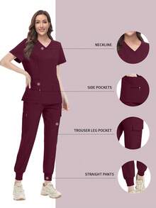 Women's Doctor/Nurse Uniform Set, Hospital Operating Room Surgical Gown, Beauty SPA Workwear - Burgundy - View 2