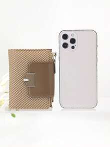 Dompet Pendek Wanita, Tekstur Kain Anyaman Jerami, Bahan PU Lembut dan Indah, Kancing Jepret Ganda, Resleting Ganda, Kapasitas Besar, Dompet Multifungsi, Tempat Kartu, Tas Genggam Minimalis Ringan, Cocok untuk Hadiah Liburan - Coklat - View 6
