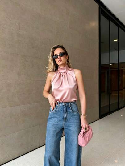 Blusa sin mangas de satén sedoso rosa con cuello alto fruncido y plisado, elegante y casual para mujer, para fiesta, playa, vacaciones, trabajo y salidas