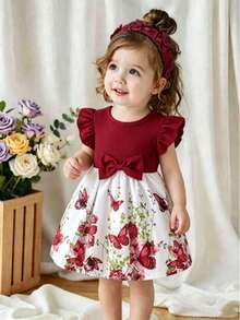 Vestido de verano para bebé niña con estampado de retazos, manga corta, casual con lazo, versátil para vacaciones - Multicolor - Ver 2