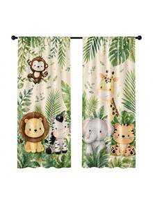 2 buah Tirai Motif Hewan Hutan Utama, Elemen Singa, Gajah, Harimau, Jerapah, Zebra, Model Kantong Batang, Cocok untuk Dekorasi Kamar Tidur dan Ruang Tamu, Tirai Dekoratif. - MultiWarna - View 5