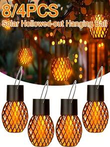 8/4pcs Waterproof Solar Hanging Lights, Hollow Pattern LED Flickering Flame Lights, Suitable For Outdoor Garden Tree Decoration - Solar Flame Lantern - 查看 1