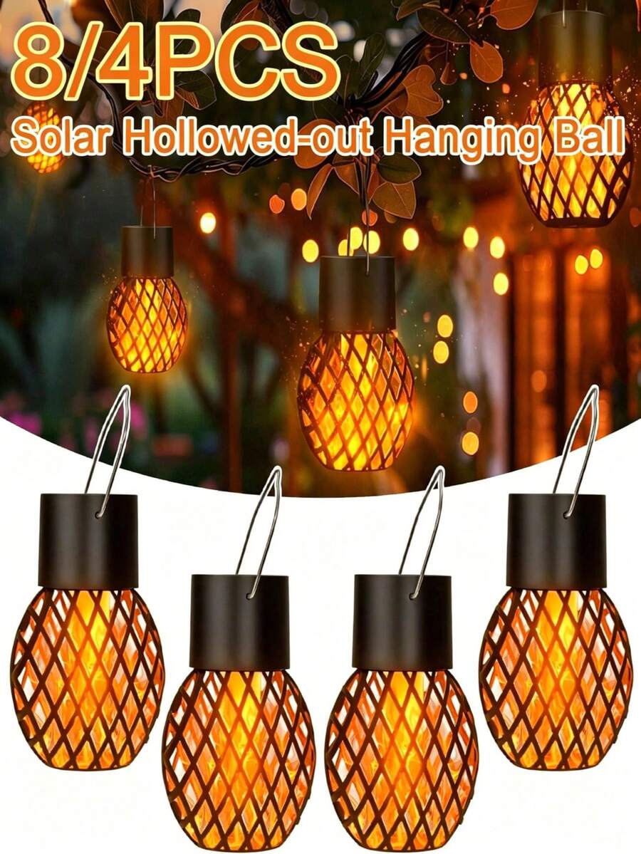 8/4pcs Waterproof Solar Hanging Lights, Hollow Pattern LED Flickering Flame Lights, Suitable For Outdoor Garden Tree Decoration - Solar Flame Lantern - 查看 1