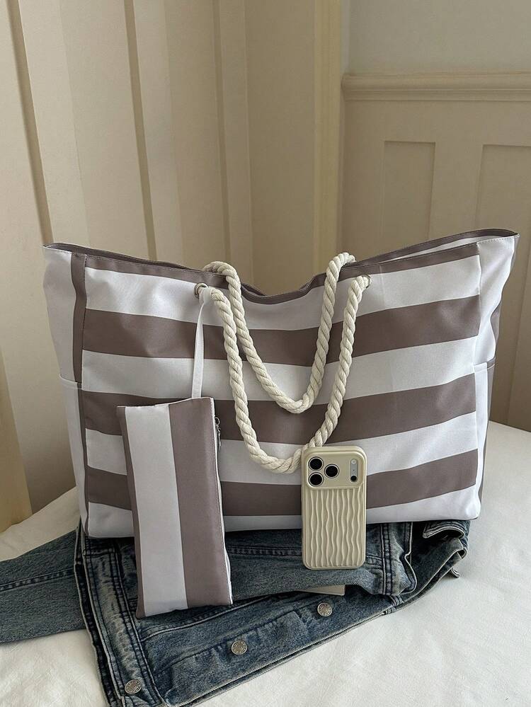 Large 2-Piece Set Waterproof Beach Tote Bag, With Zipper And Waterproof Sand-Proof Design, Suitable For Swimming Pool, Random Pattern, School Backpack, Portable, Large Capacity, Suitable For Teen Girls, Women, College Students, University, Middle School, High School, Outdoor, Travel, Outings, Work, Business, Commuting, Holidays, Shopping - Khaki - View 7