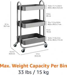 Charcoal 3-Tier Rolling Kitchen Cart With Wheels Storage Trolley For Home Office Bathroom Organization - Charcoal - View 5