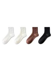 ZUJO 4 Pairs Solid Color Versatile Cable Knit Mid-Calf Socks For Women, Soft, Breathable And Warm, Suitable For Autumn And Winter - Multicolor - View 6