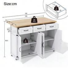 Kitchen Island With Fold-Down Worktop, Equipped With 5 Lockable Casters, 4 Doors, 3 Drawers, Door Shelf, Double-Sided Towel Rails, Barn Style Design, White, 140x43(70)X90.5 Cm. - White - View 2