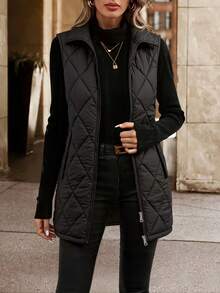 Women's Sleeveless Mid-Length Diamond Pattern Blazer - H-Line Cut, Featuring Stand Collar And Front Zipper Design, With Pockets Black - Black - View 1