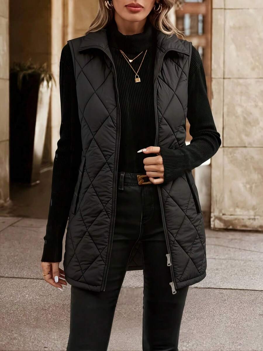 Women's Sleeveless Mid-Length Diamond Pattern Blazer - H-Line Cut, Featuring Stand Collar And Front Zipper Design, With Pockets Black - Black - View 1