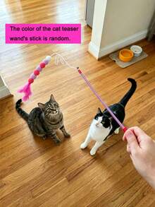 1pc Pink Cat Teaser Wand Toy Fairy Wand Fur Ball Cat Teaser Stick Cat Feather Bell Cat Teaser Toy Interactive Entertainment Cute Design, Used For Indoor Play Interactive Toy Pet Accessories Ball And Stick Color Optional - Multicolor - View 5
