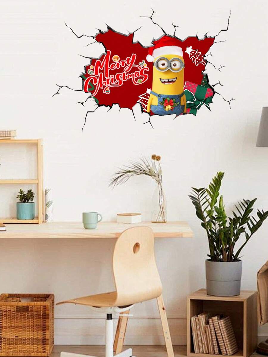 Minions 卡通牆貼，聖誕老人雪景背景裝飾貼紙，防水可移除牆面壁畫，適用於居家房間聖誕裝修 - 彩色 - 查看 1