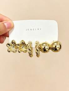 9 Pairs Gold Earring Set, Floral Hammered Twisted C-Hoop, Suitable For Commute, Date, Vacation, All-Match, One Card For All Styles - Gold - View 5