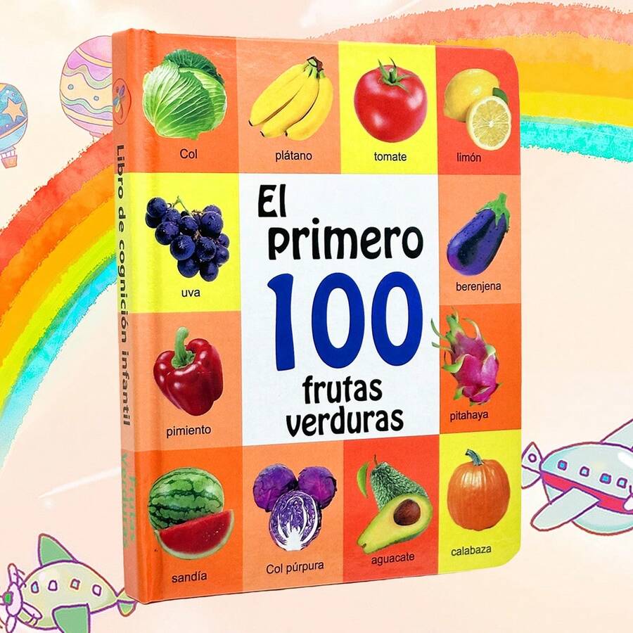 1pc Spanish 100 Fruits & Vegetables Cognition Book, Colorful Real-Life Photos, Spanish Vocabulary, Learn Words While Viewing Pictures, Easily Start Spanish Language Learning, Improve Cognitive And Language Ability, An Ideal Holiday Gift Back To School - Orange - View 1