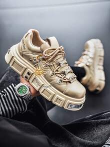 GAISIMA Premium Dad Style New Metal-Look Personalized Sun Pendant Punk Men's Height-Increasing Thick Sole Design-Driven Fashion Chunky Derby Shoes Colorblock Casual Shoes - Gold - View 4