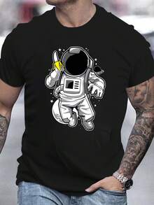 Men's Pure Cotton Oversized Short-Sleeved T-Shirt Casual Astronaut Print Streetwear Summer Daily Top - Black - View 1