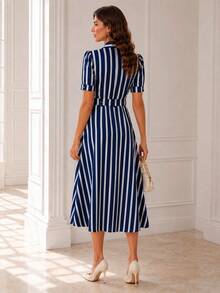 Women's Midi Shirt Dress With Front Buttons And Belt - Elegant Wedding Casual Fashion - 藏蓝色 - 查看 4