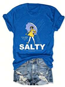 Plus Size Salty With Umbrella Graphic Tee - Vintage Style Summer Beachwear For Women, Perfect For Vacation And Everyday Wear, T-Shirt-Unisex - 藍色 - 查看 1