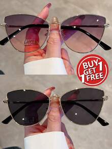 1pc Women's Retro Style Cat Eye Fashion Glasses Suitable For Travel And Outings - C8c10 Gold Grey Powder + Gold Grey - View 3